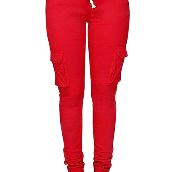 Ankle Length Red Womens Skinny Cargo Pants - Picture 3 of 4